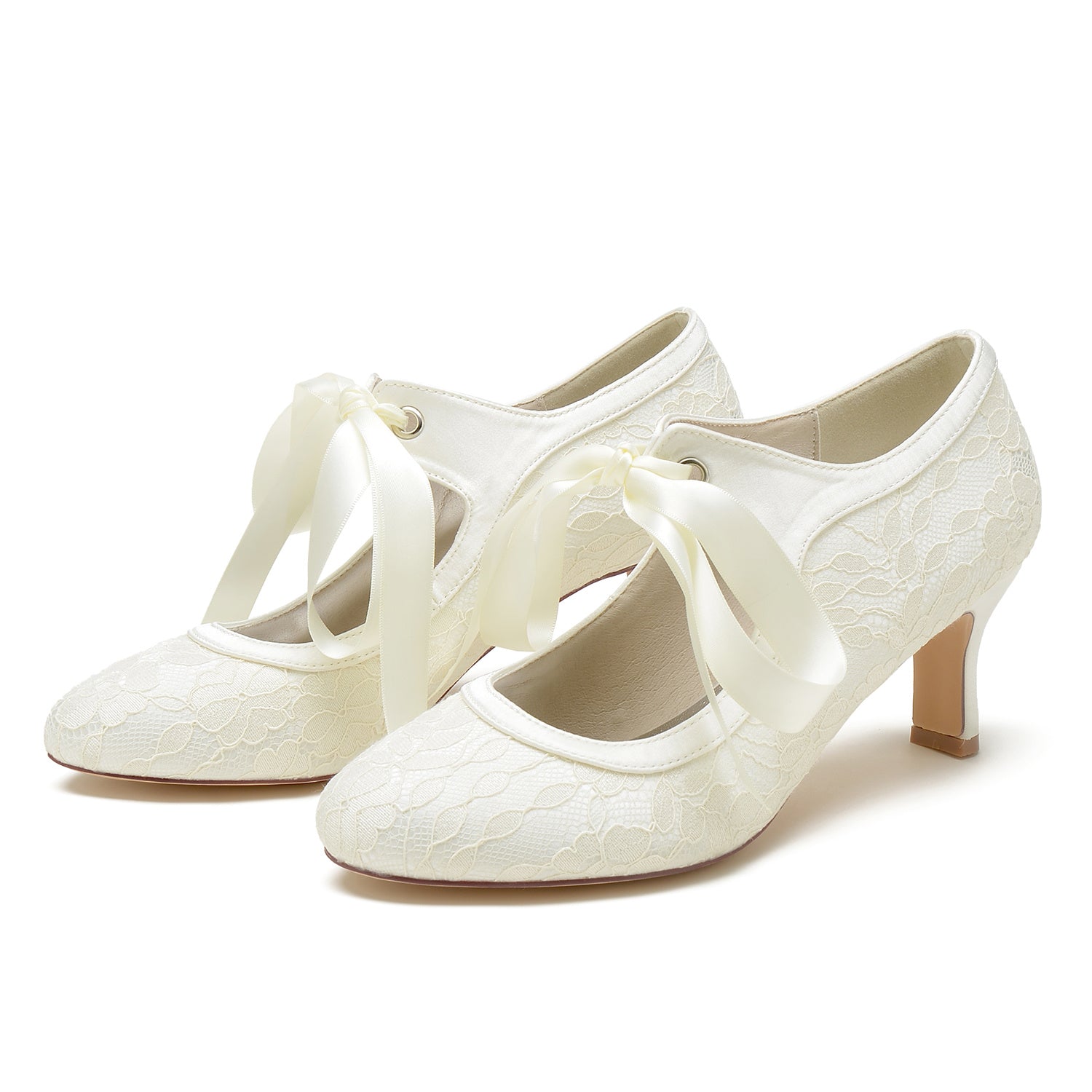 Bridal Shoes for Women with Lace and Bow Round Closed Toe Mid Heel