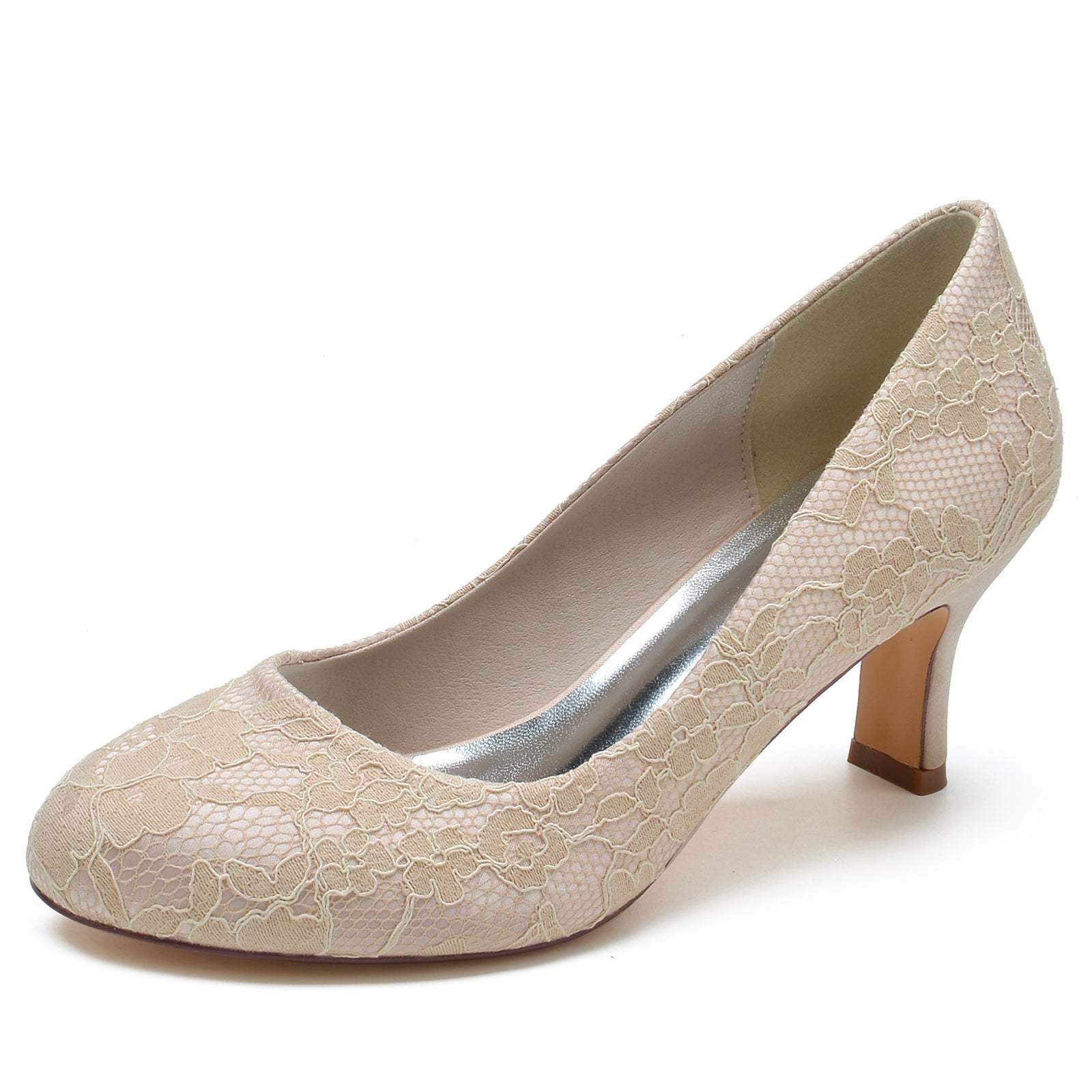 Bridal Shoes for Women with Lace Detail Mid Heel and Round Closed Toe