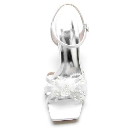 Bridal Shoes for Women with Pearl Flower and Buckle Square Open Toe High Heels