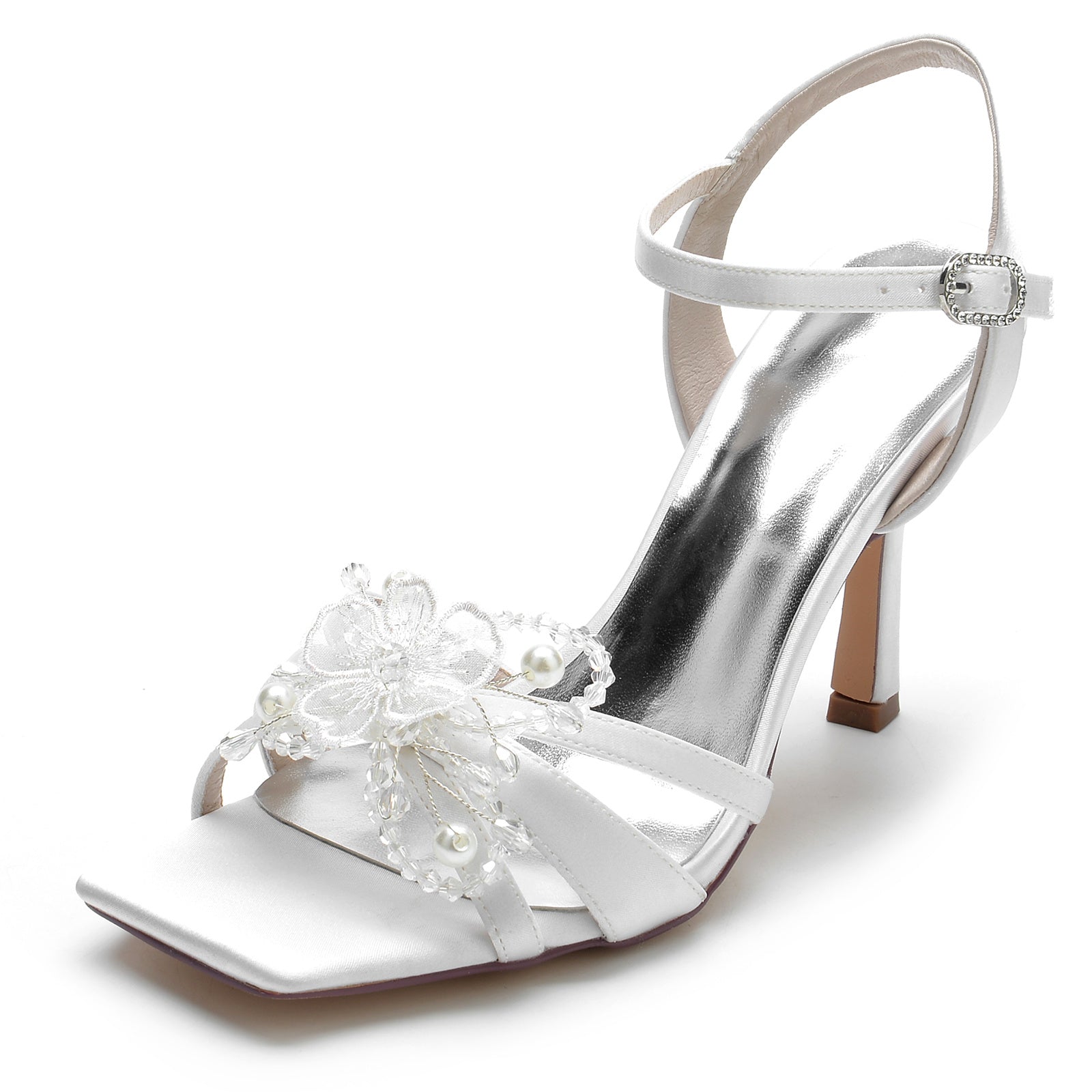 Bridal Shoes for Women with Pearl Flower and Buckle Square Open Toe High Heels