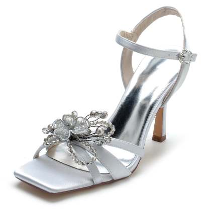Bridal Shoes for Women with Pearl Flower and Buckle Square Open Toe High Heels