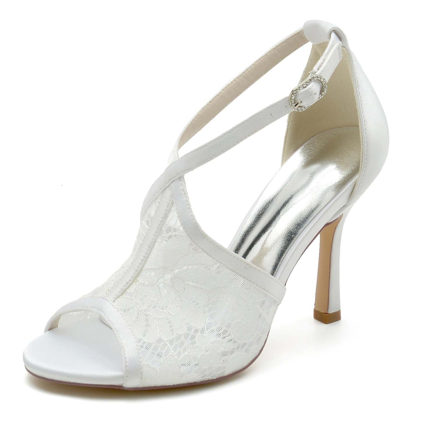 Bridal High Heel Shoes for Women with Lace and Buckle Open Toe