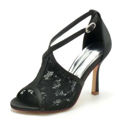 Bridal High Heel Shoes for Women with Lace and Buckle Open Toe