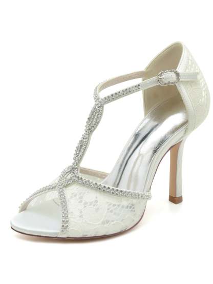 Bridal Stiletto Heels with Rhinestones for Women Open Toe