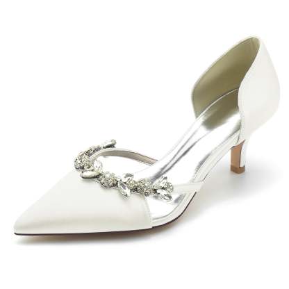 Bridal Shoes for Women with Silk Satin and Rhinestone Details Mid Heel Closed Toe