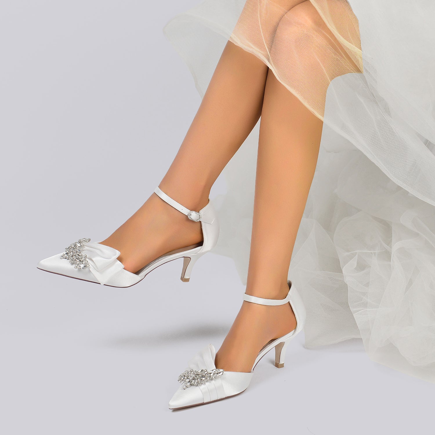 Bridal Shoes for Women with Rhinestone Bow and Buckle in Silk Satin Pointed Toe