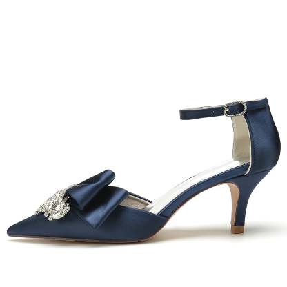 Bridal Shoes for Women with Rhinestone Bow and Buckle in Silk Satin Pointed Toe