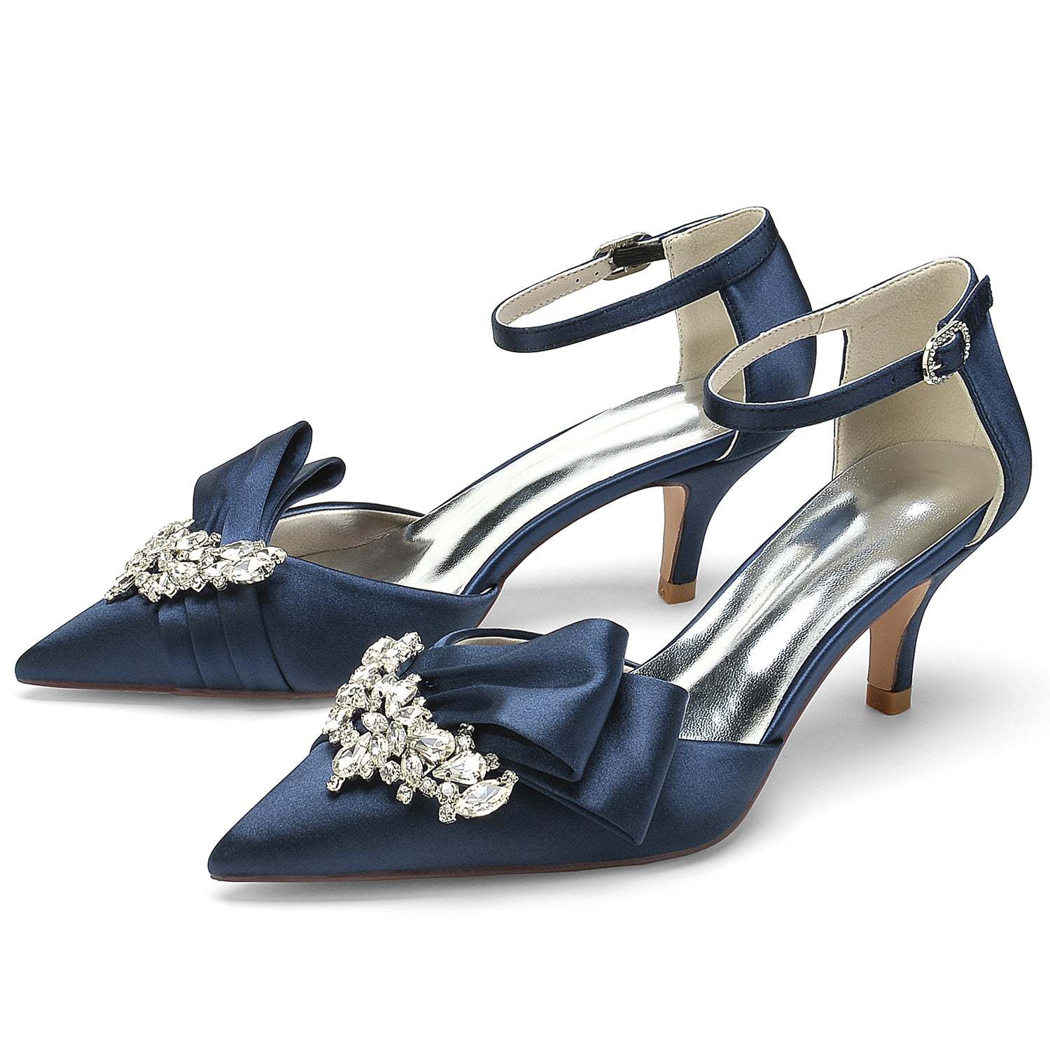 Bridal Shoes for Women with Rhinestone Bow and Buckle in Silk Satin Pointed Toe