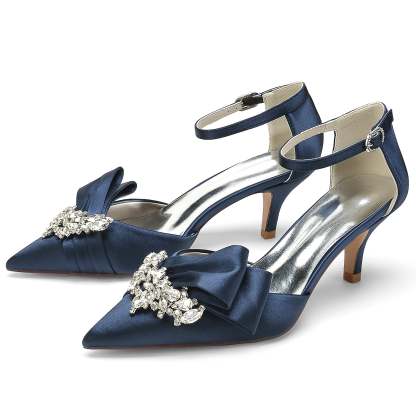 Bridal Shoes for Women with Rhinestone Bow and Buckle in Silk Satin Pointed Toe