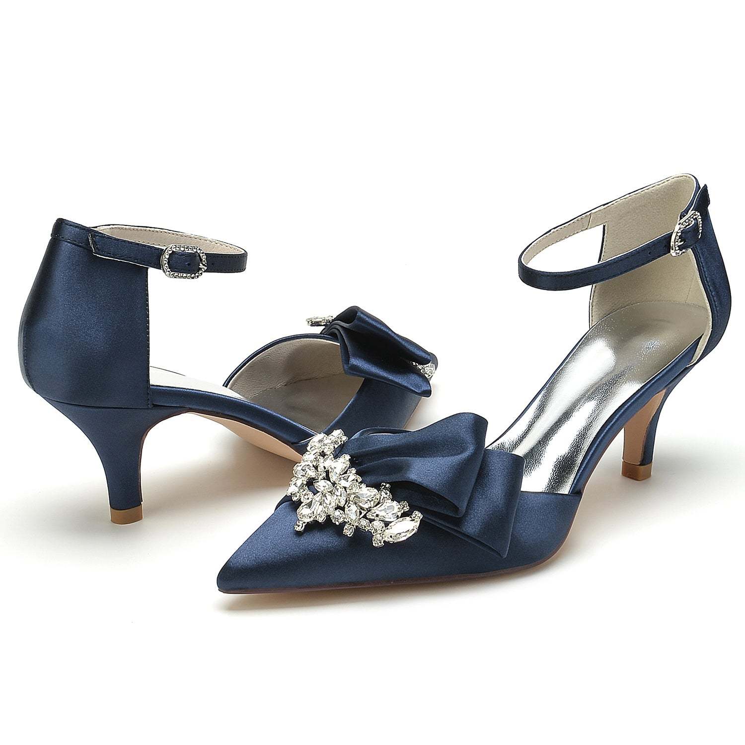 Bridal Shoes for Women with Rhinestone Bow and Buckle in Silk Satin Pointed Toe