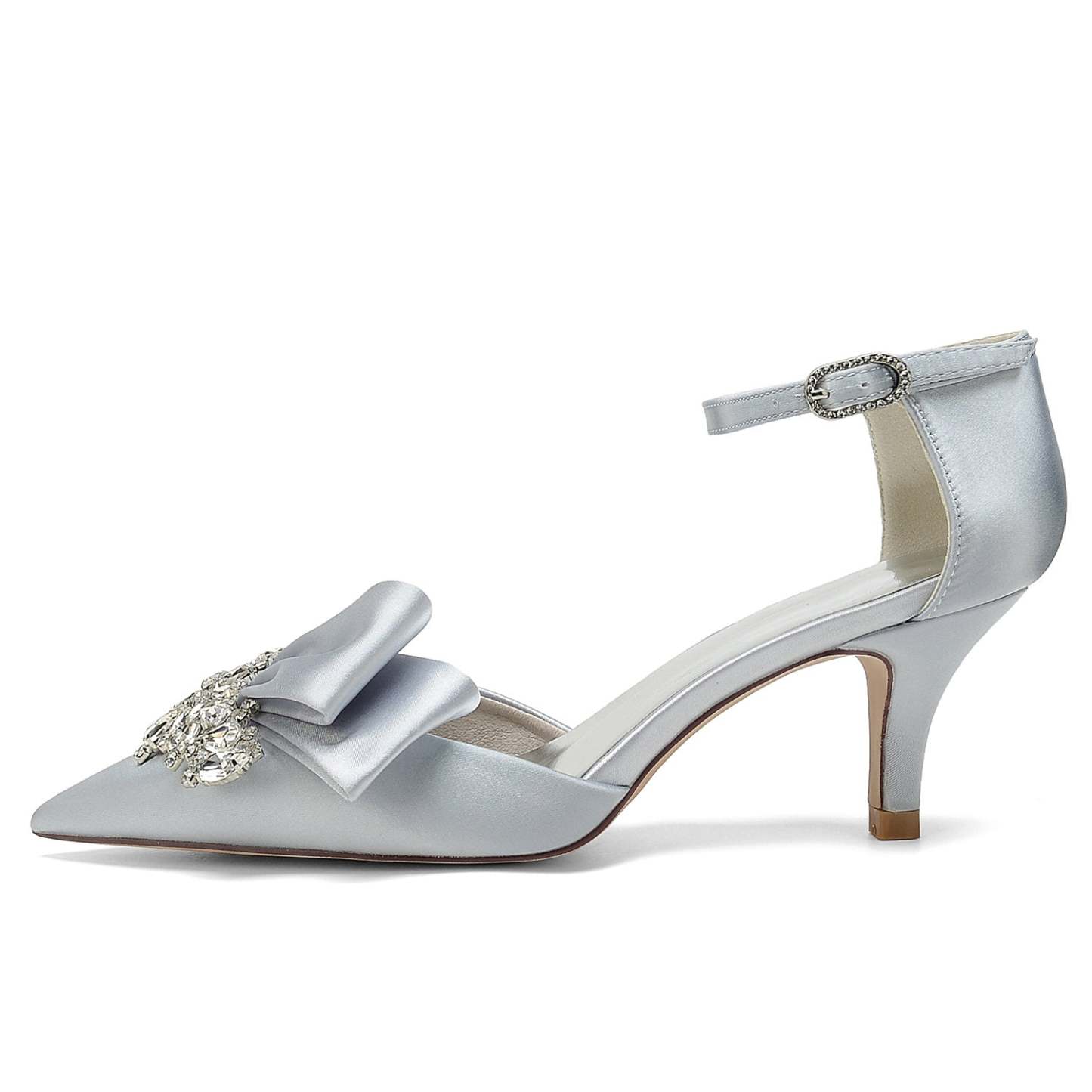 Bridal Shoes for Women with Rhinestone Bow and Buckle in Silk Satin Pointed Toe