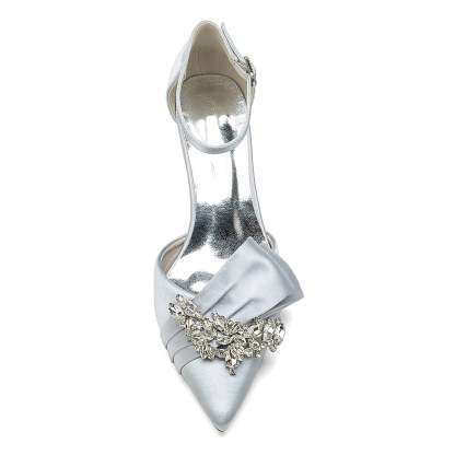 Bridal Shoes for Women with Rhinestone Bow and Buckle in Silk Satin Pointed Toe