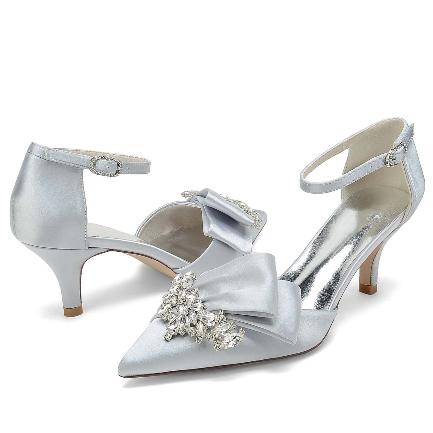 Bridal Shoes for Women with Rhinestone Bow and Buckle in Silk Satin Pointed Toe