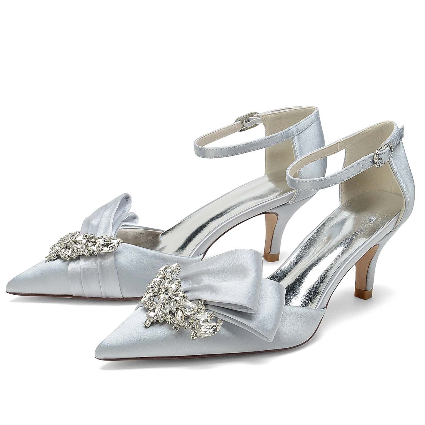 Bridal Shoes for Women with Rhinestone Bow and Buckle in Silk Satin Pointed Toe
