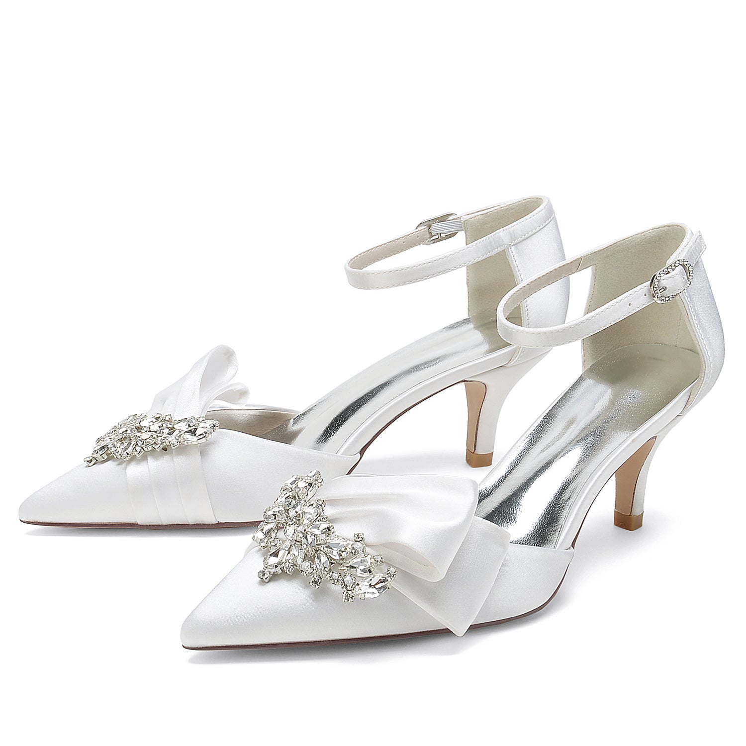 Bridal Shoes for Women with Rhinestone Bow and Buckle in Silk Satin Pointed Toe