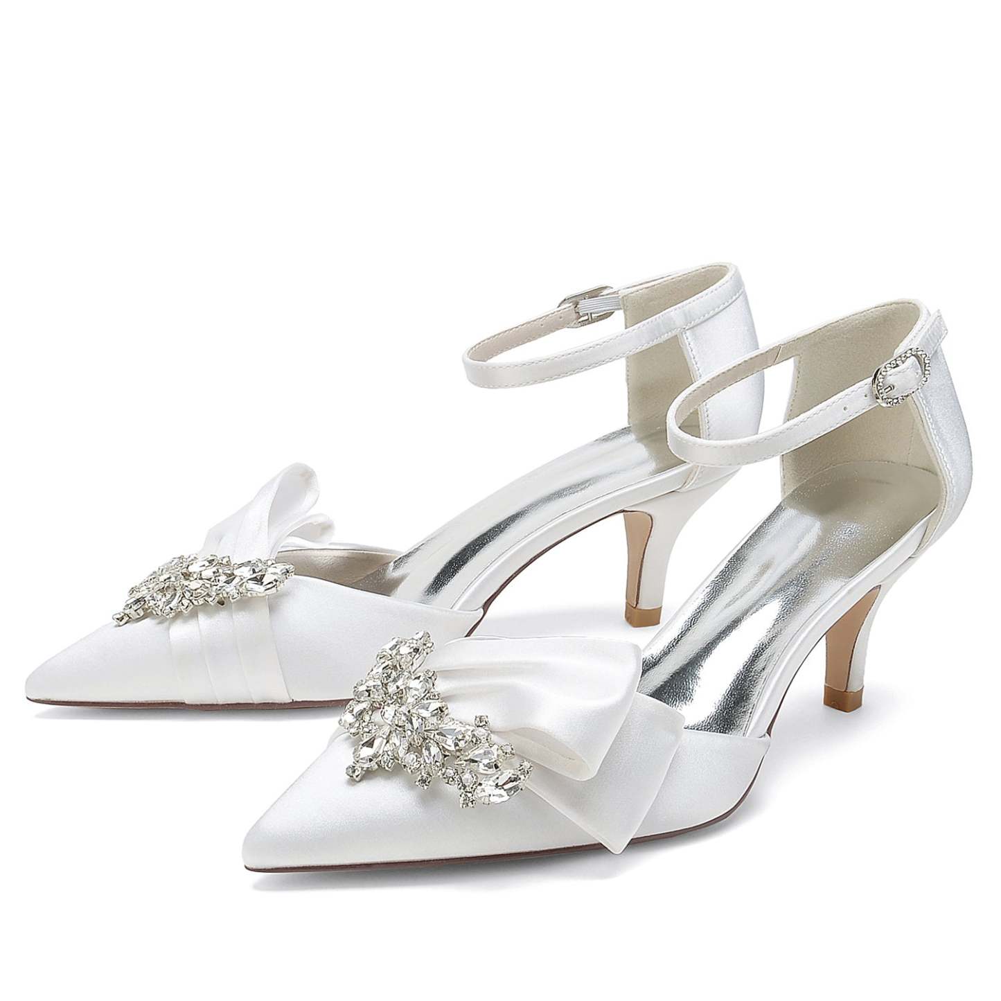 Bridal Shoes for Women with Rhinestone Bow and Buckle in Silk Satin Pointed Toe
