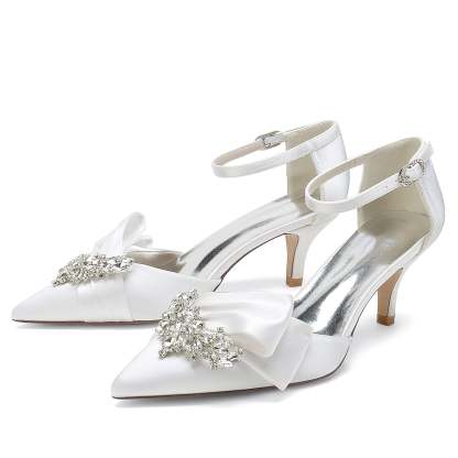 Bridal Shoes for Women with Rhinestone Bow and Buckle in Silk Satin Pointed Toe