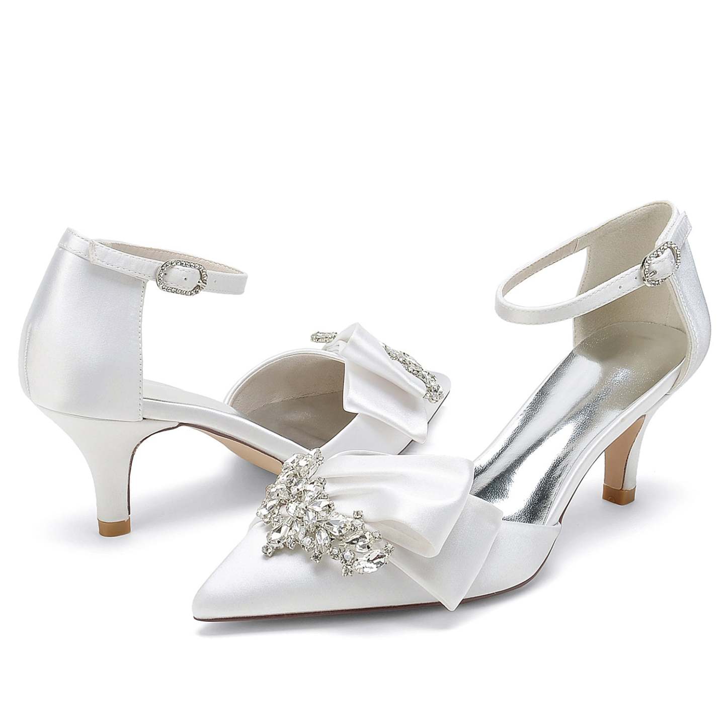 Bridal Shoes for Women with Rhinestone Bow and Buckle in Silk Satin Pointed Toe