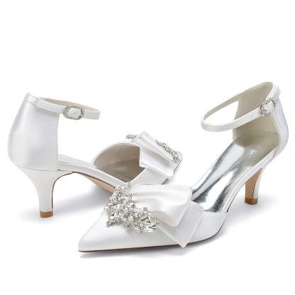 Bridal Shoes for Women with Rhinestone Bow and Buckle in Silk Satin Pointed Toe