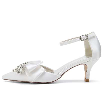 Bridal Shoes for Women with Rhinestone Bow and Buckle in Silk Satin Pointed Toe