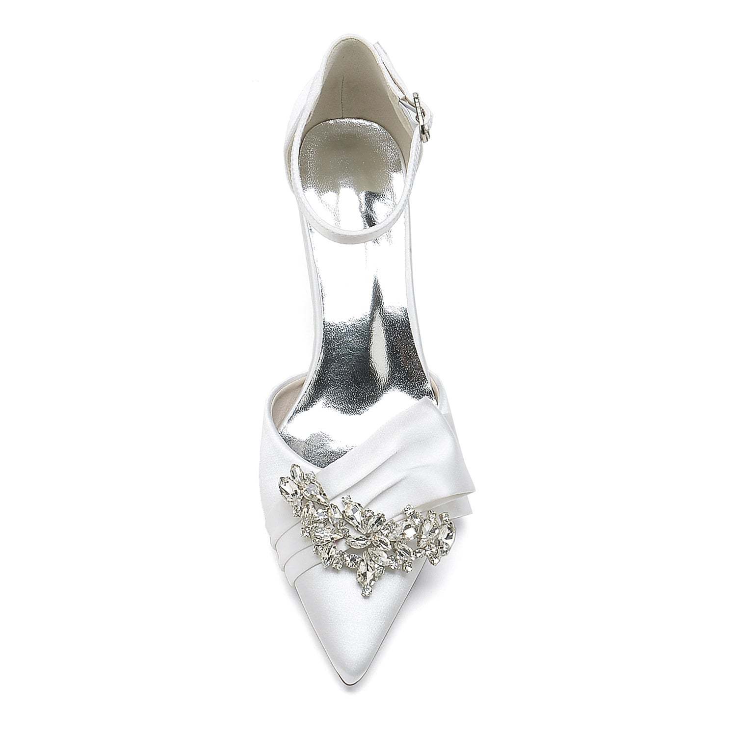 Bridal Shoes for Women with Rhinestone Bow and Buckle in Silk Satin Pointed Toe