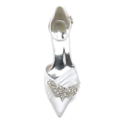 Bridal Shoes for Women with Rhinestone Bow and Buckle in Silk Satin Pointed Toe