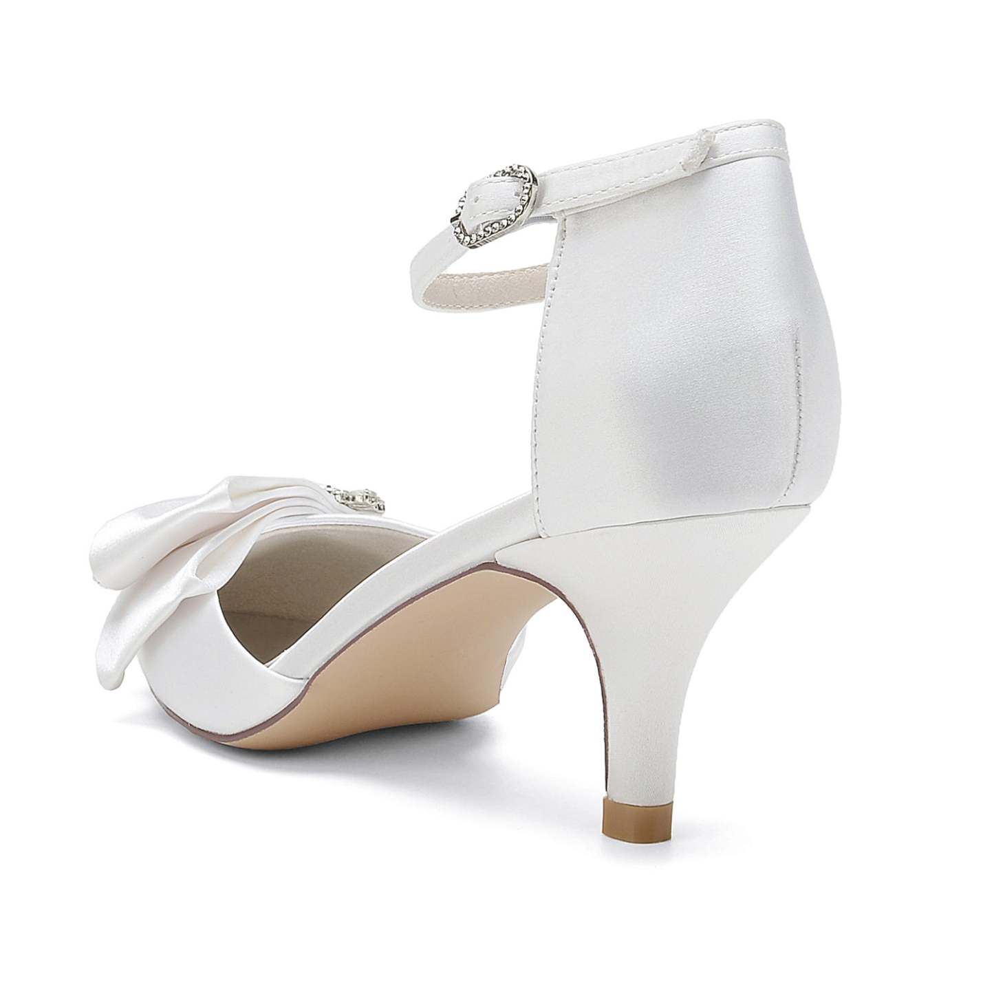 Bridal Shoes for Women with Rhinestone Bow and Buckle in Silk Satin Pointed Toe