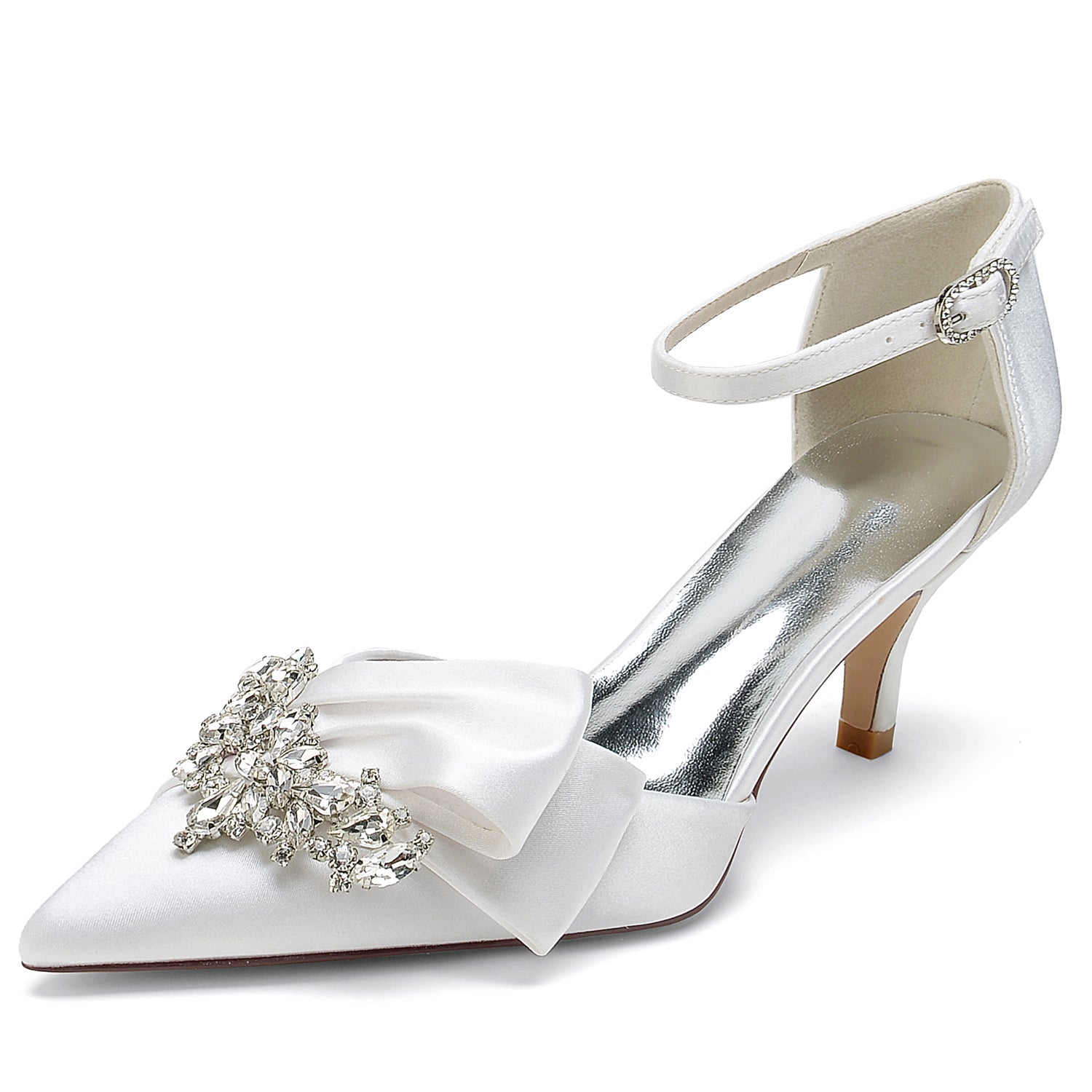 Bridal Shoes for Women with Rhinestone Bow and Buckle in Silk Satin Pointed Toe