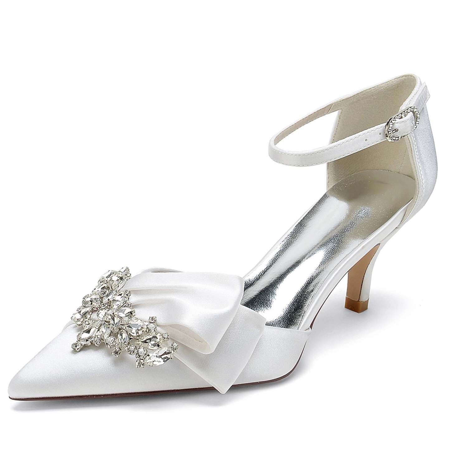 Bridal Shoes for Women with Rhinestone Bow and Buckle in Silk Satin Pointed Toe