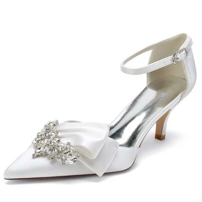 Bridal Shoes for Women with Rhinestone Bow and Buckle in Silk Satin Pointed Toe
