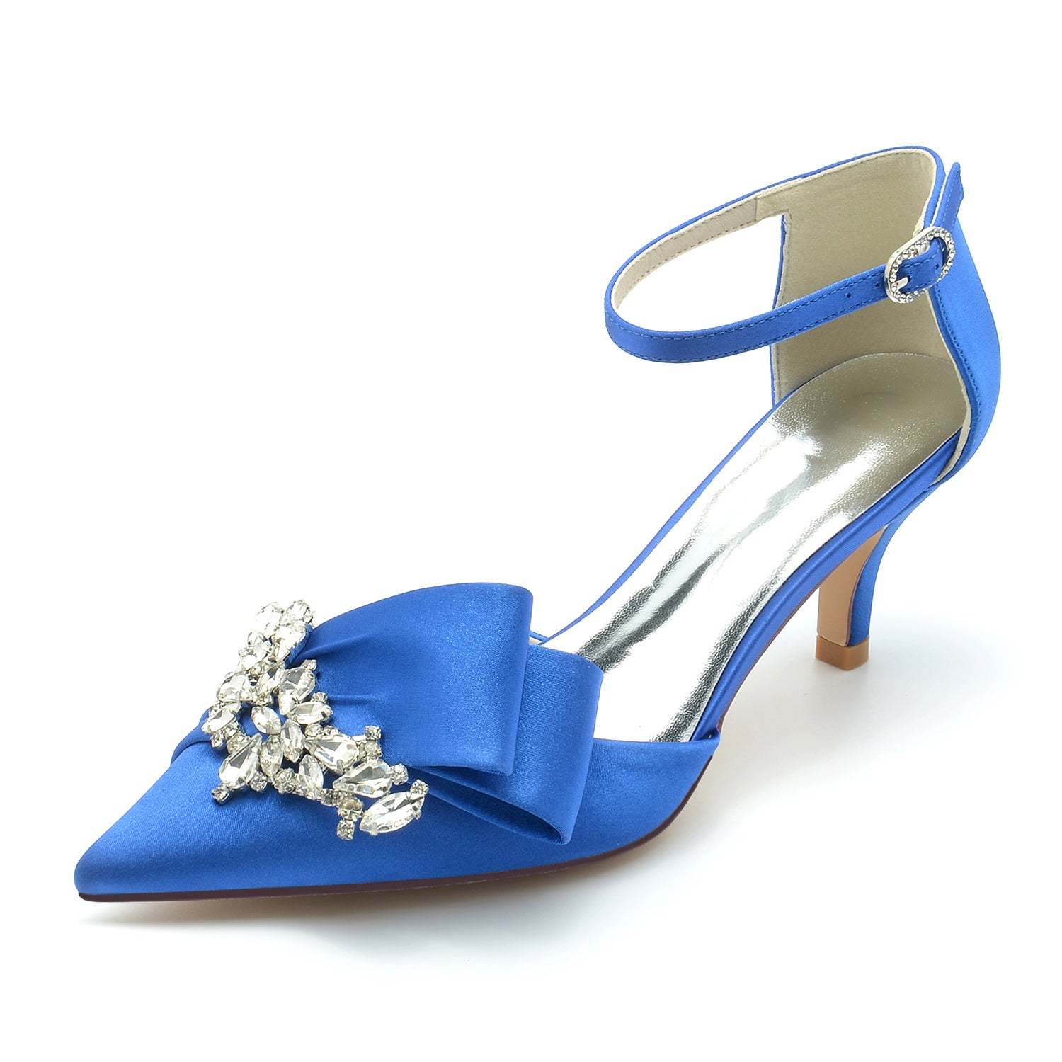 Bridal Shoes for Women with Rhinestone Bow and Buckle in Silk Satin Pointed Toe