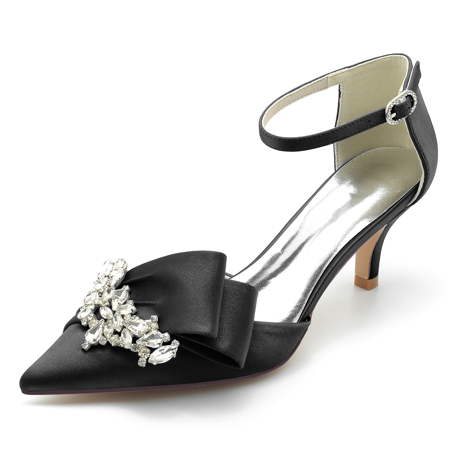 Bridal Shoes for Women with Rhinestone Bow and Buckle in Silk Satin Pointed Toe