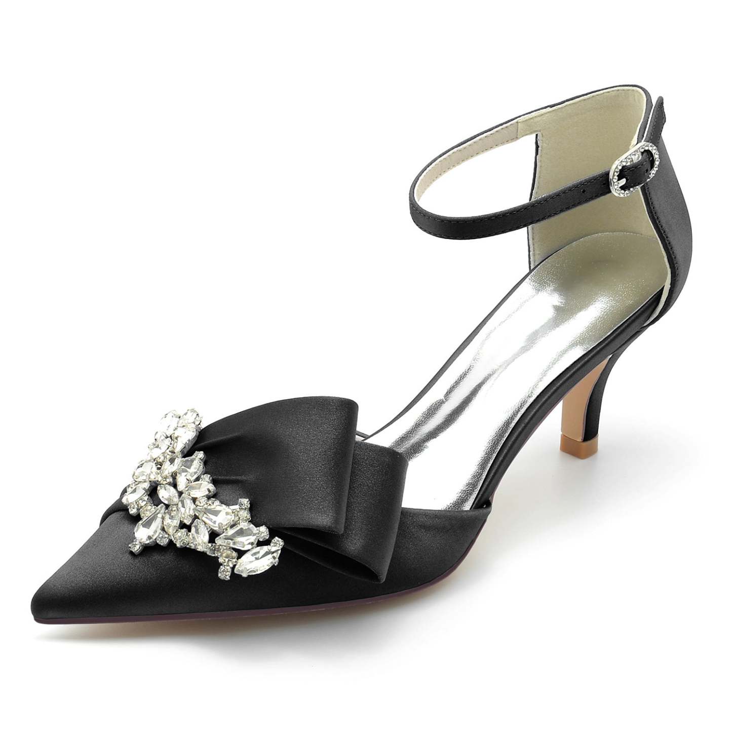 Bridal Shoes for Women with Rhinestone Bow and Buckle in Silk Satin Pointed Toe