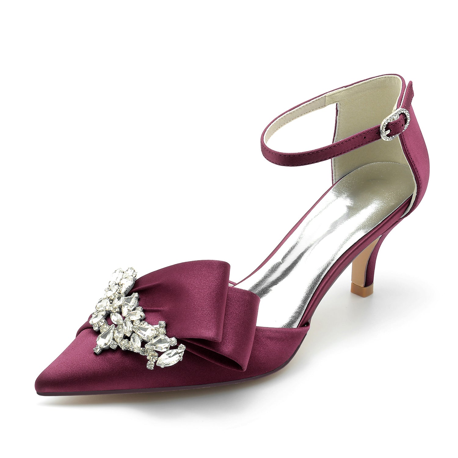 Bridal Shoes for Women with Rhinestone Bow and Buckle in Silk Satin Pointed Toe