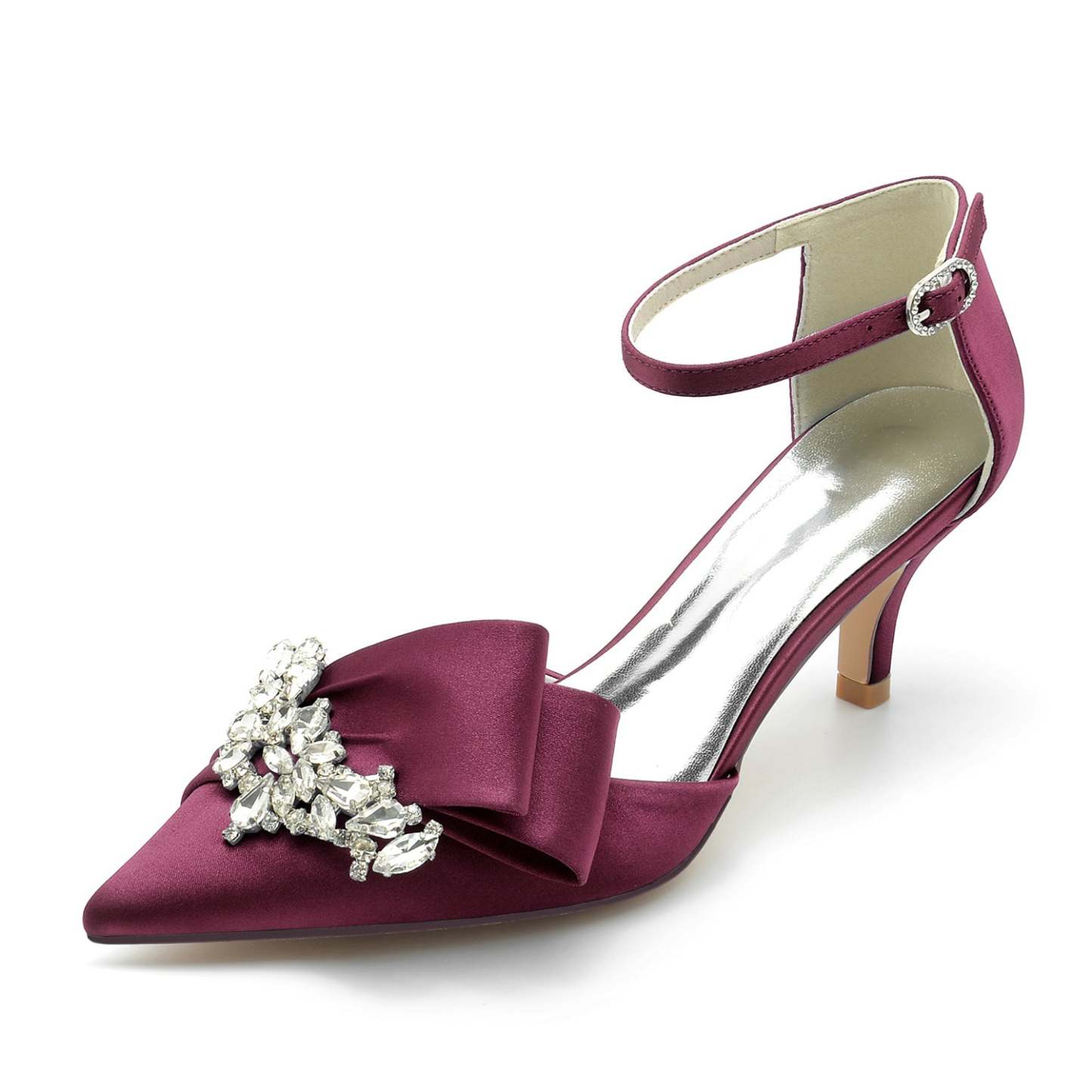 Bridal Shoes for Women with Rhinestone Bow and Buckle in Silk Satin Pointed Toe