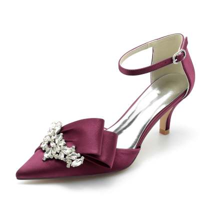 Bridal Shoes for Women with Rhinestone Bow and Buckle in Silk Satin Pointed Toe