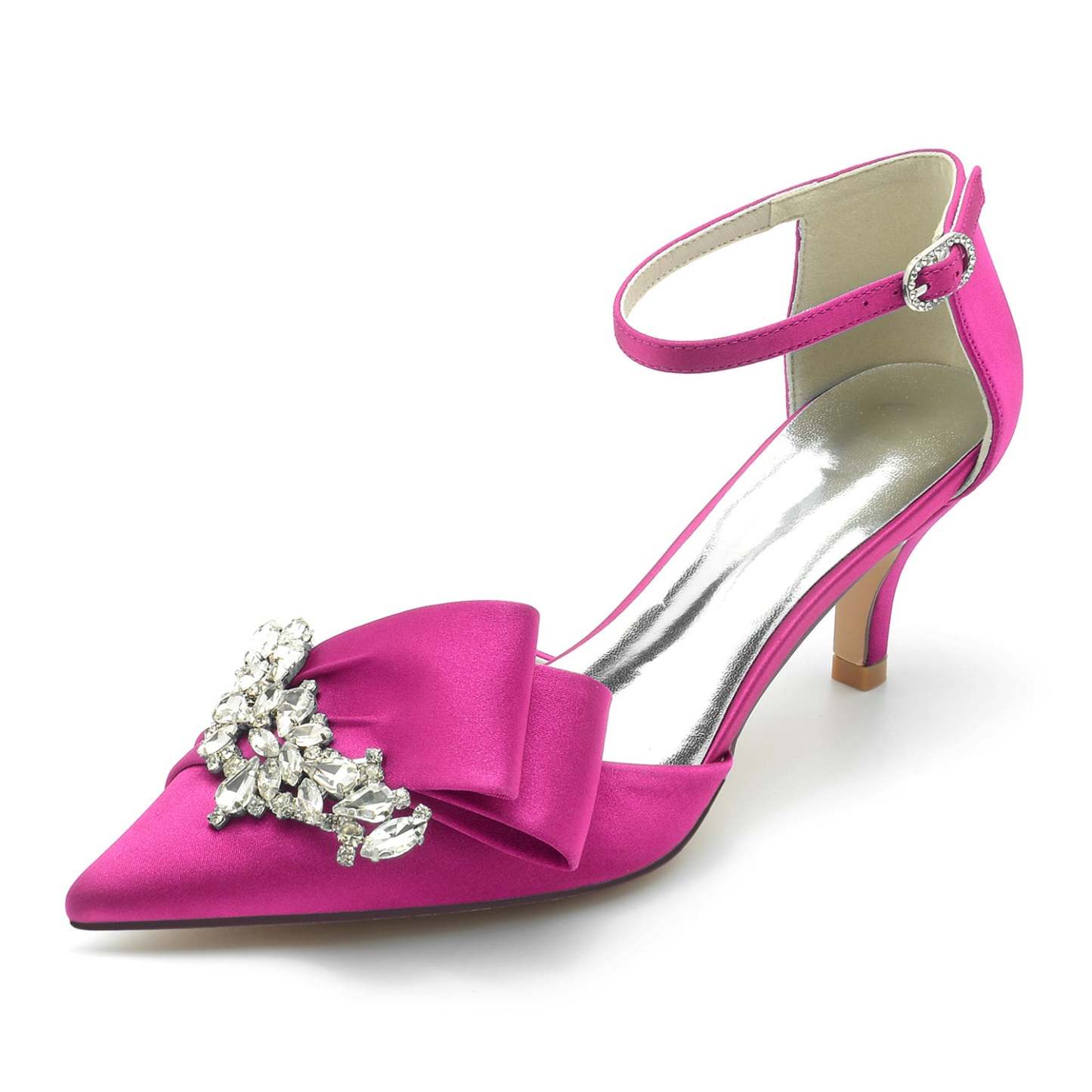 Bridal Shoes for Women with Rhinestone Bow and Buckle in Silk Satin Pointed Toe