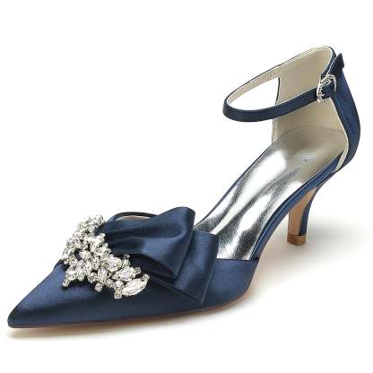 Bridal Shoes for Women with Rhinestone Bow and Buckle in Silk Satin Pointed Toe