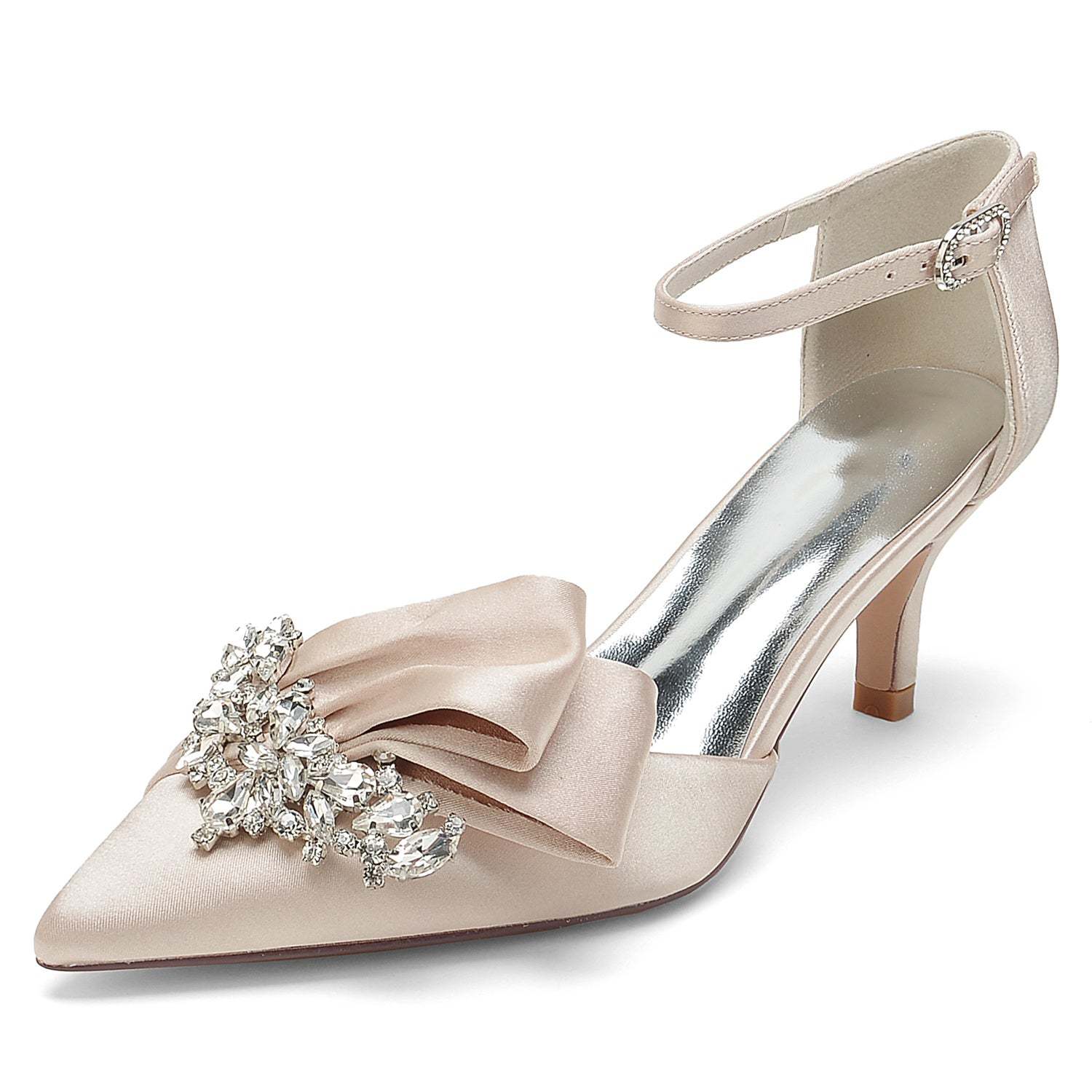 Bridal Shoes for Women with Rhinestone Bow and Buckle in Silk Satin Pointed Toe