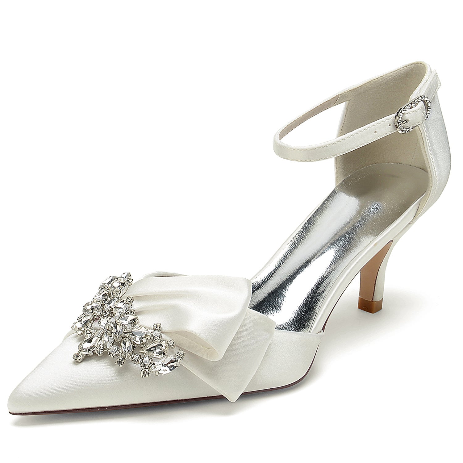 Bridal Shoes for Women with Rhinestone Bow and Buckle in Silk Satin Pointed Toe