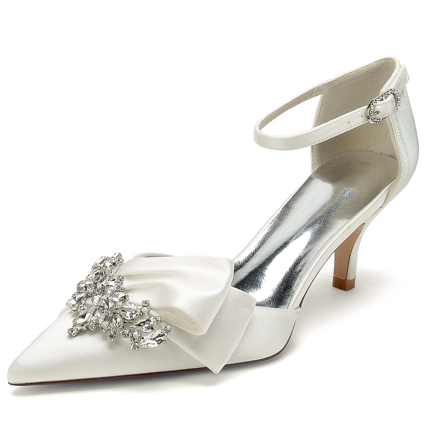 Bridal Shoes for Women with Rhinestone Bow and Buckle in Silk Satin Pointed Toe