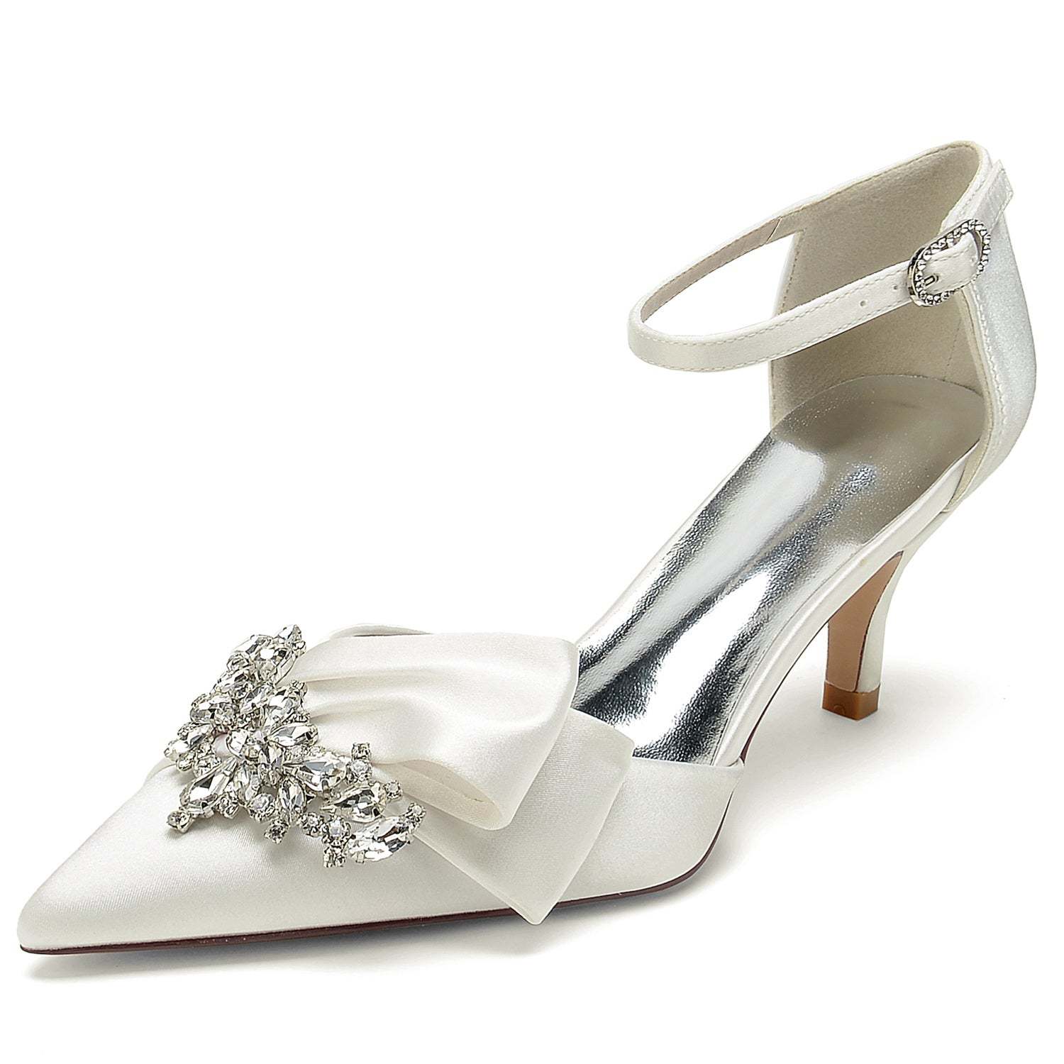 Bridal Shoes for Women with Rhinestone Bow and Buckle in Silk Satin Pointed Toe