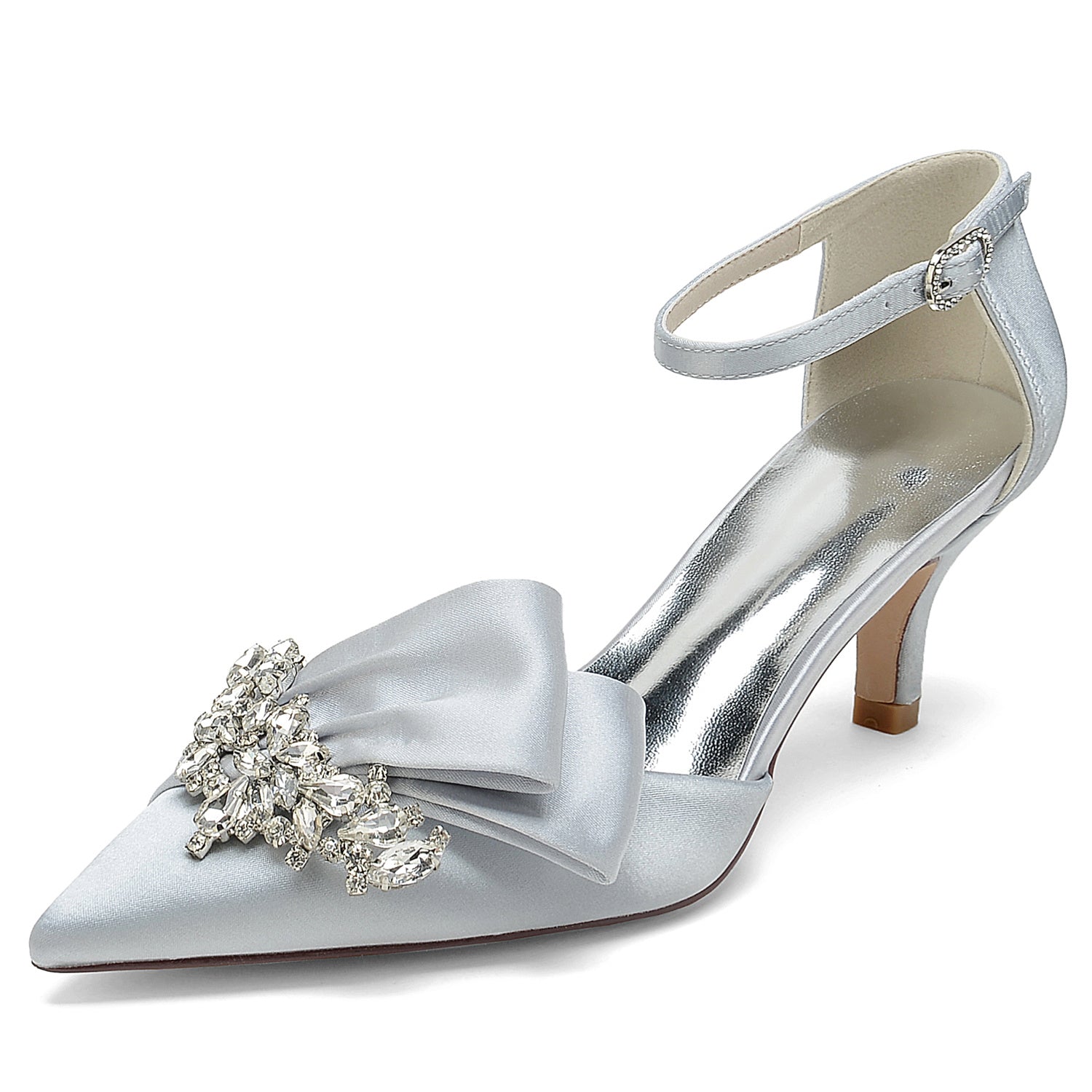 Bridal Shoes for Women with Rhinestone Bow and Buckle in Silk Satin Pointed Toe
