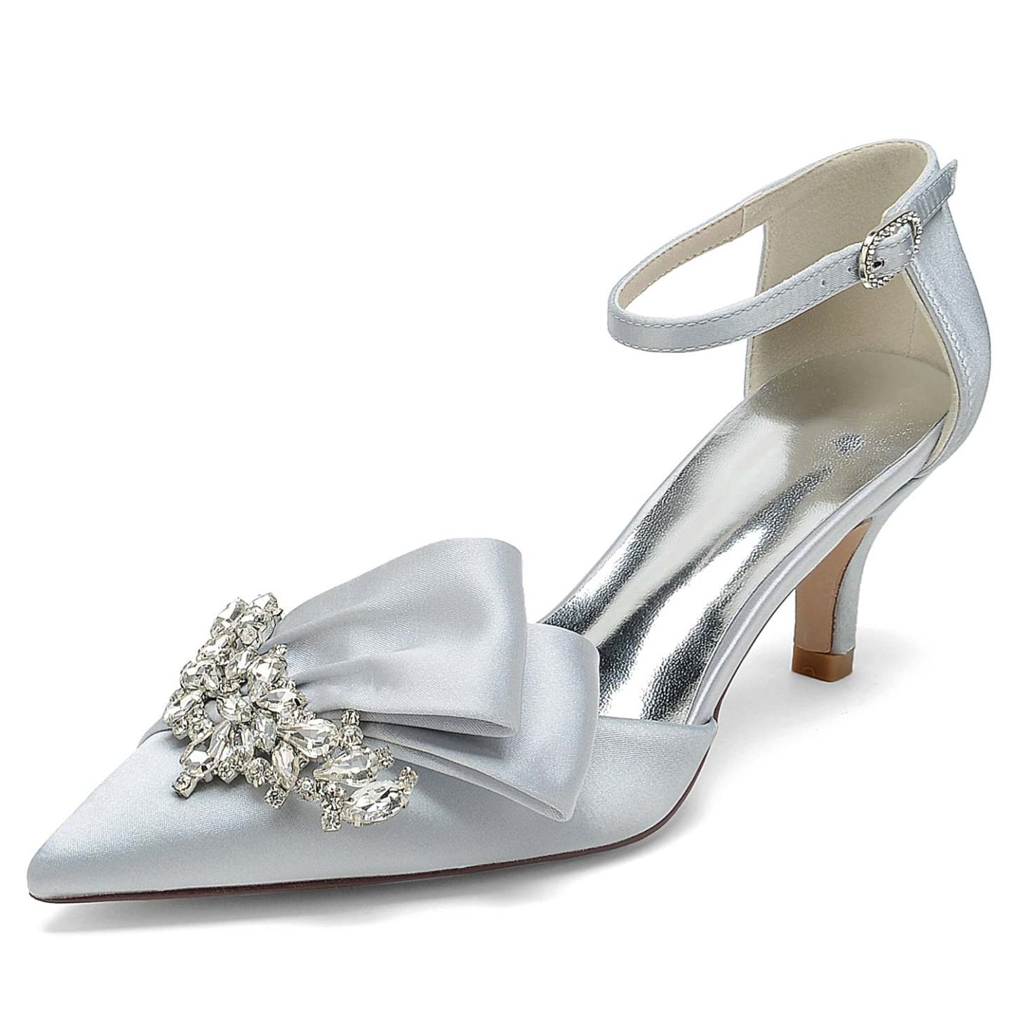 Bridal Shoes for Women with Rhinestone Bow and Buckle in Silk Satin Pointed Toe