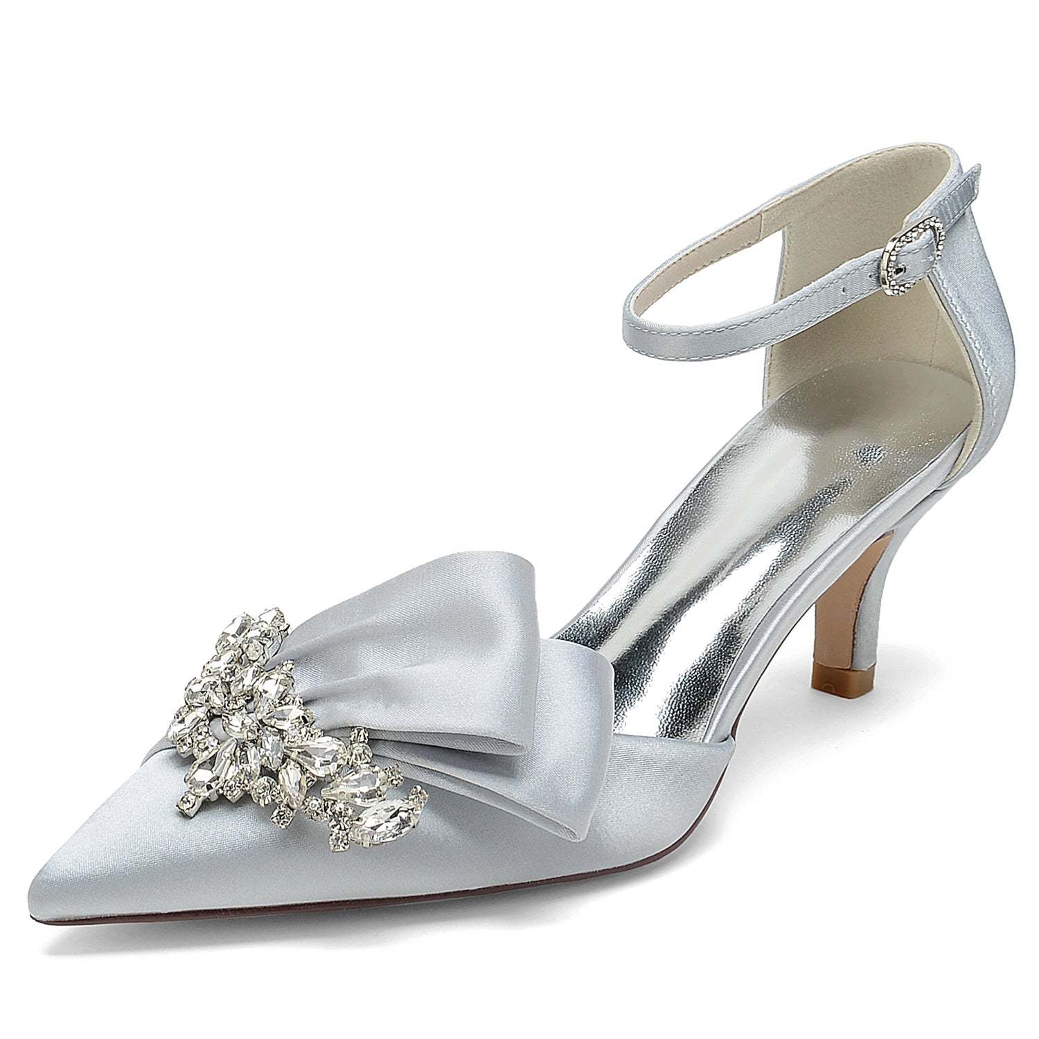 Bridal Shoes for Women with Rhinestone Bow and Buckle in Silk Satin Pointed Toe