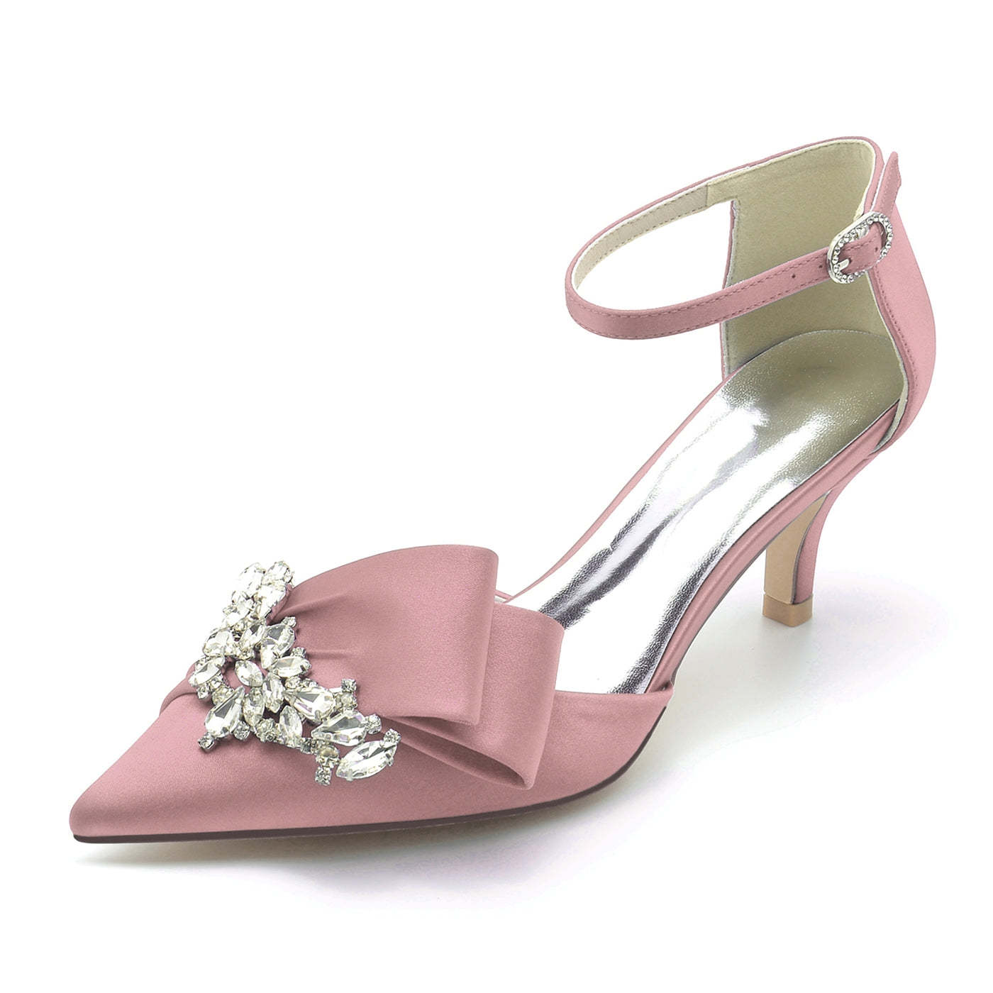 Bridal Shoes for Women with Rhinestone Bow and Buckle in Silk Satin Pointed Toe