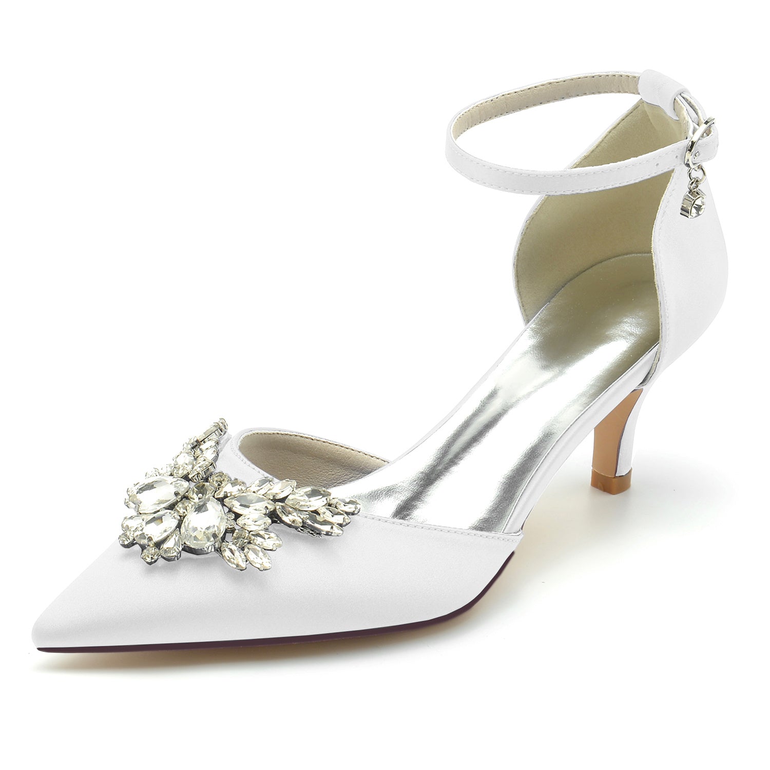 Bridal Shoes for Women with Crystal Buckle and Pointed Toe in Mid Heel