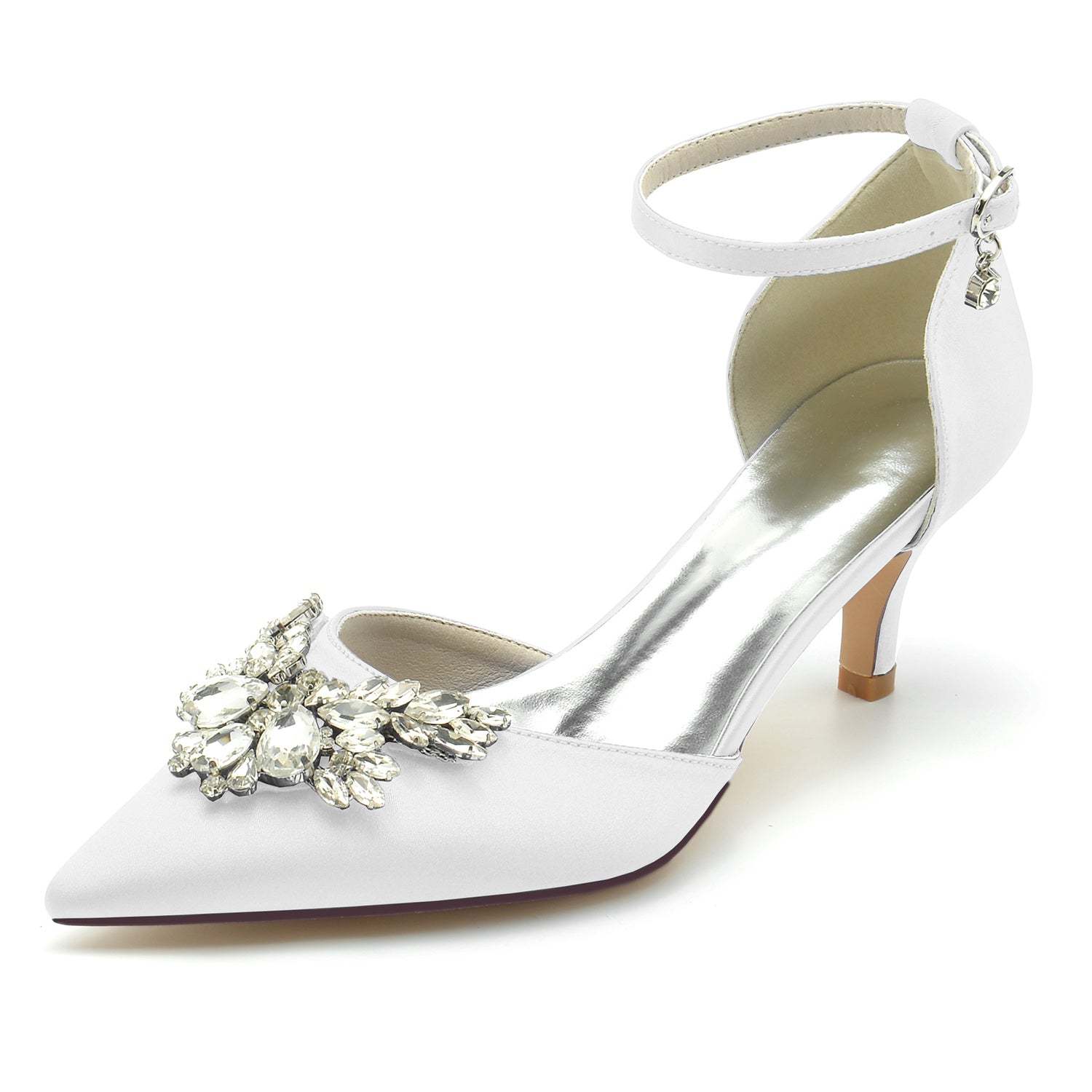 Bridal Shoes for Women with Crystal Buckle and Pointed Toe in Mid Heel