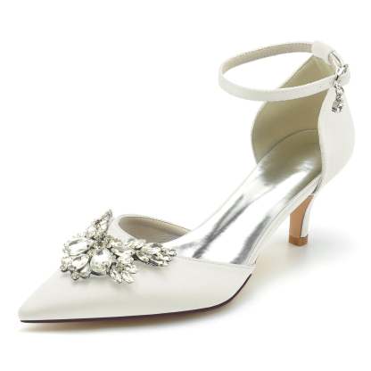 Bridal Shoes for Women with Crystal Buckle and Pointed Toe in Mid Heel