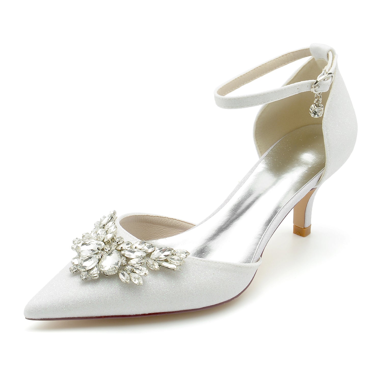 Bridal Shoes for Women with Glitter Rhinestones Mid Heel and Buckle Detail